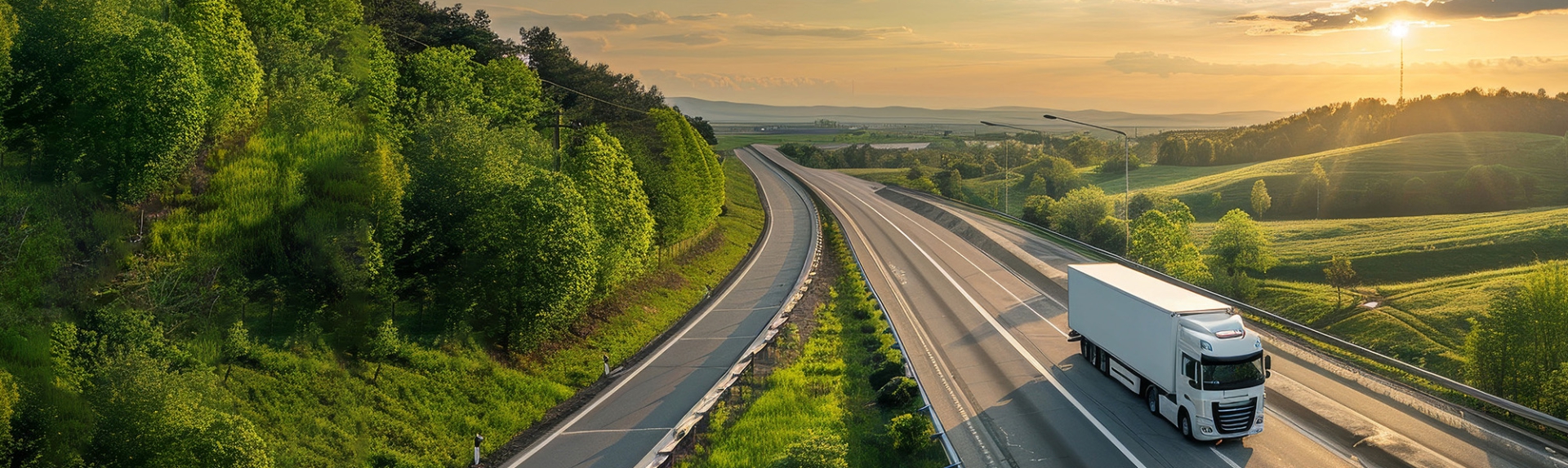 Shipping truck driving down a highway next to a forest (left) and hills (right)